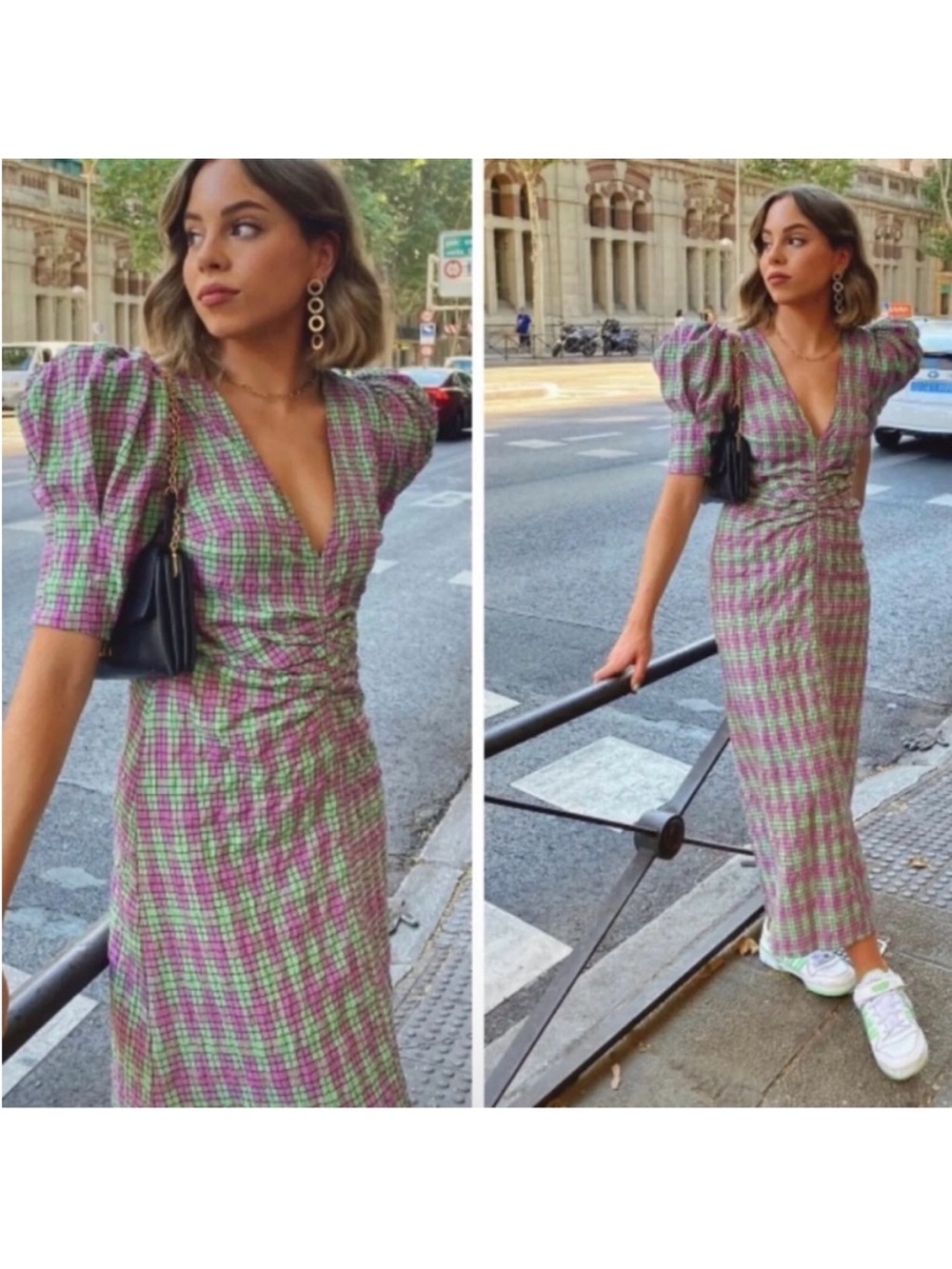 Zara Plaid Puff Sleeve Ruched Midi Dress Size XS